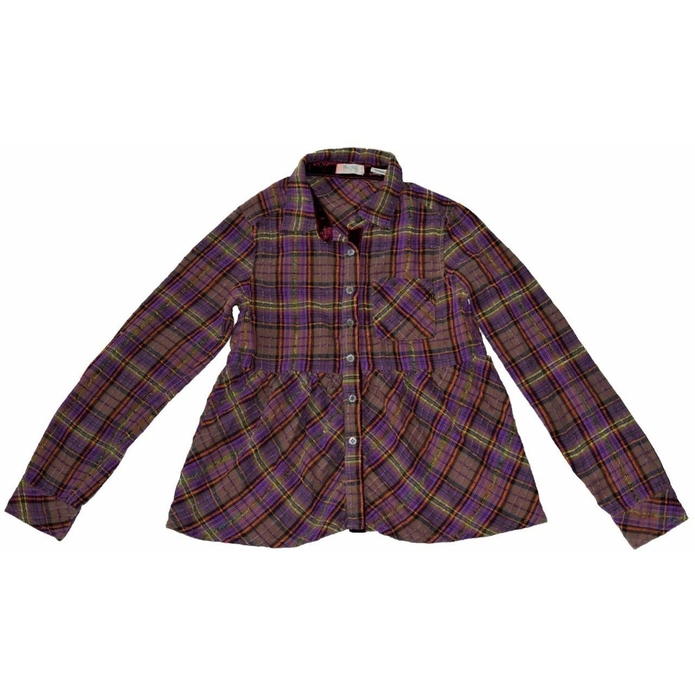 Miss Me Girls Size L Large Purple Plaid Long Sleeve Button Down Shirt Top